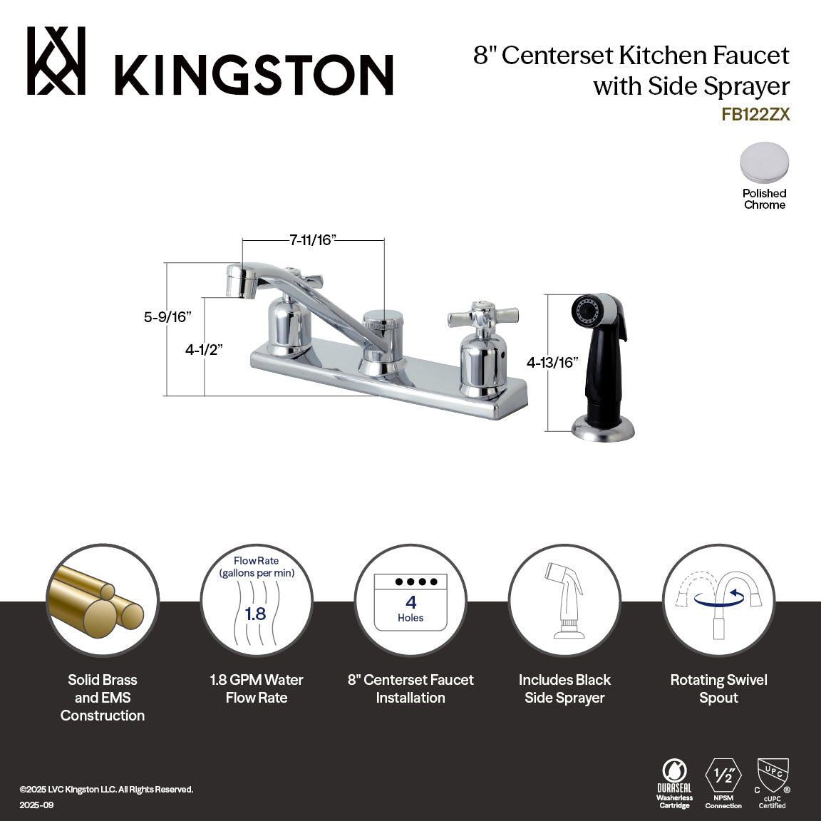 Kingston Tulare FB122ZX - Millennium Two-Handle 4-Hole 8" Centerset Kitchen Faucet with Side Sprayer, Polished Chrome — thumbnail 3